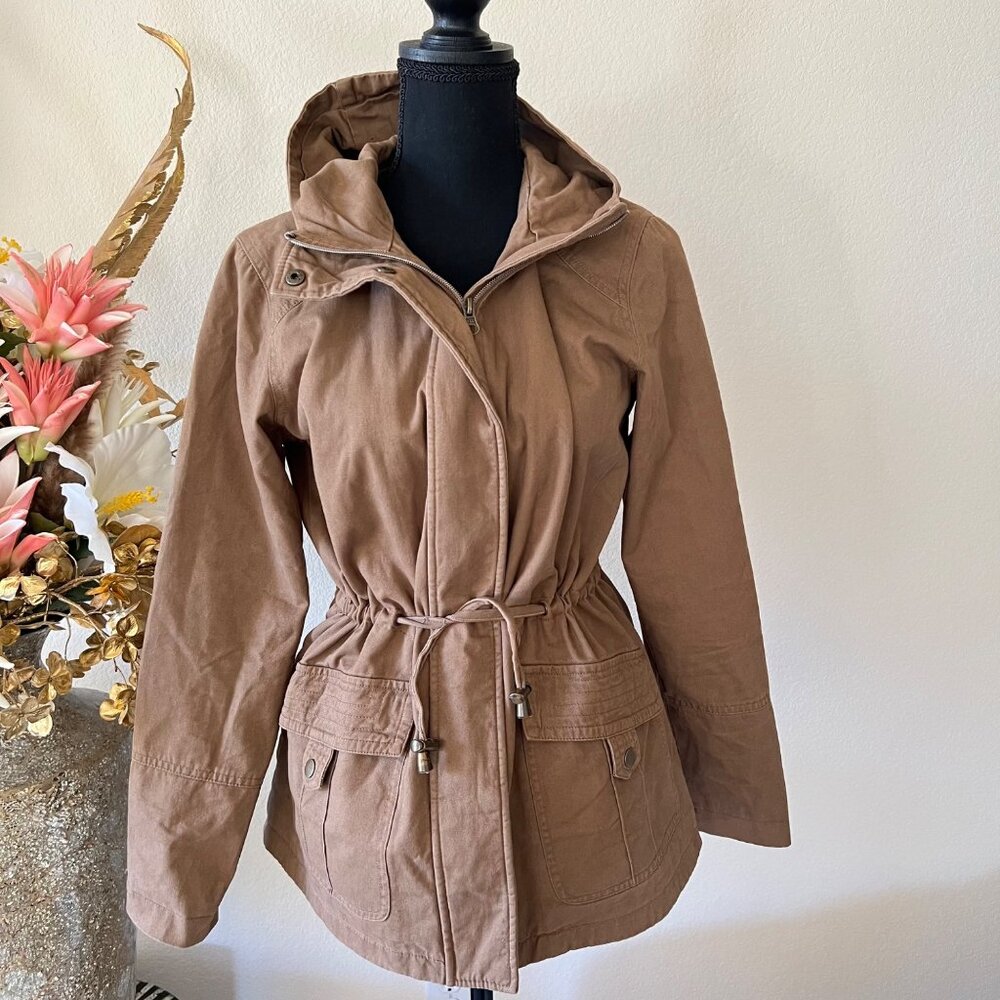 Vintage Faded Glory Hooded Utility Jacket with Drawstring Waist Aztec Lining S